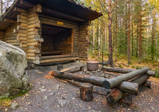 Shot of wooden fire pit, log cabin.