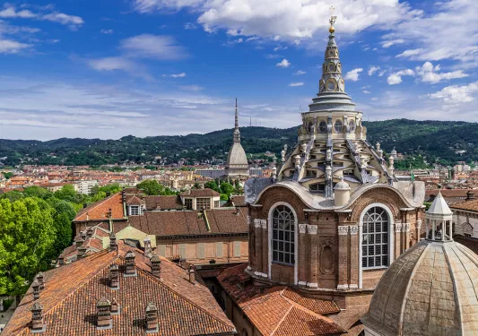Shot of the Cappella della Sacra Sindone and it's surrounding town.
