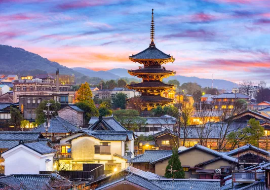 Japanese city of Kyoto at sunset