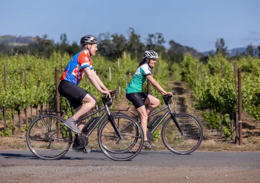 Two guests on e-bikes riding past vineyard.