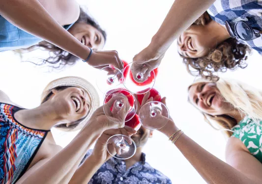 Five guests cheersing glasses of red wine.