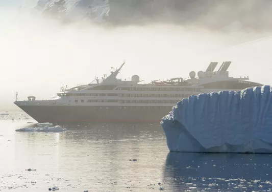 Cruise ship shrouded in fog in Antarctica
