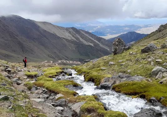Guest beside a white-water stream, craggy arid vista and mountains in distance.