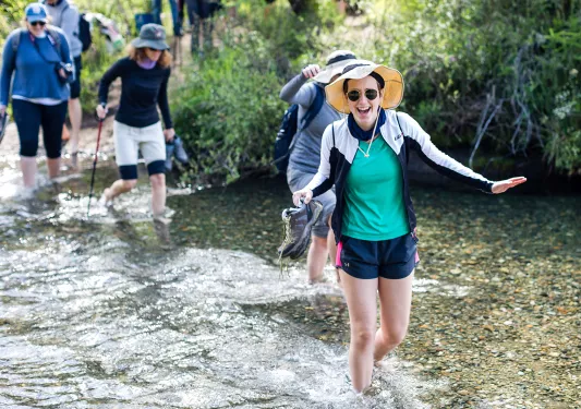 Four guests trekking through small river.