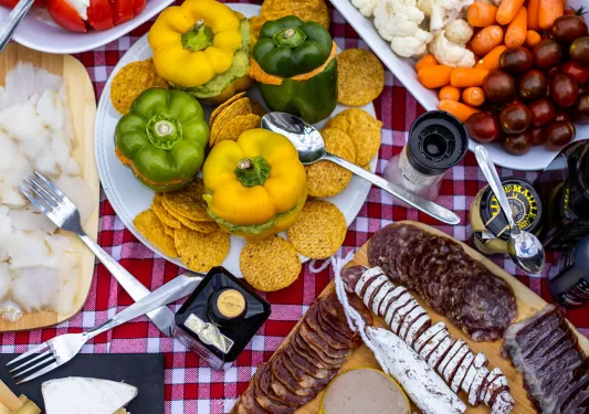 Lunch spread, veggies, cured meats, cheese, etc.