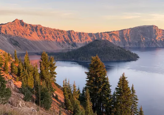 Shot of the side of Wizard Island during sunset.