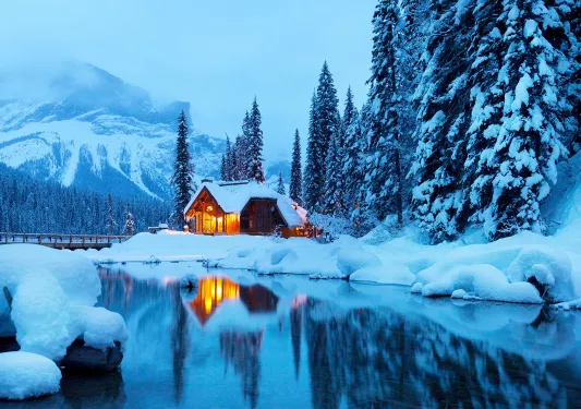 Dusk Cabin on Lake Front