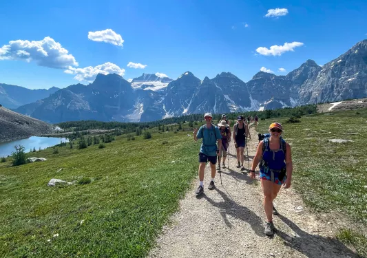 Group of guests walking next to small river, grassy meadow, mountains in background. 