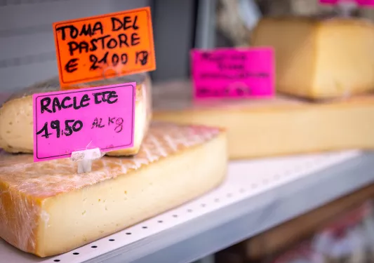 Close-up of cheese selection.