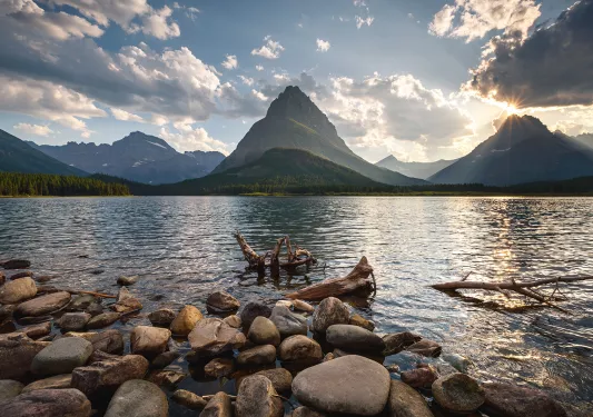 Shoreline with mountains and water