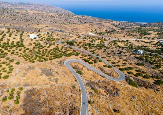 Bird's eye shot of golden coastline road, village, ocean in distance. 