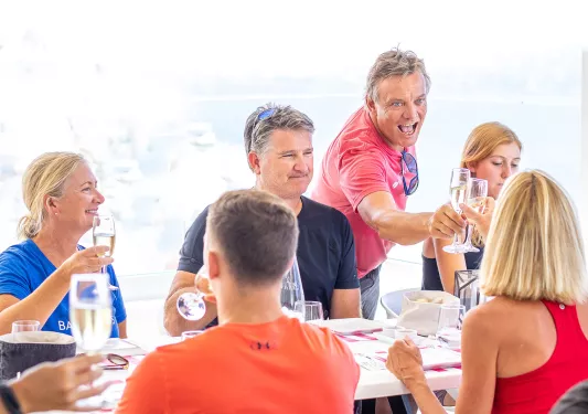 Group of guests at meal, two cheersing glasses.