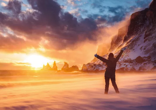 Sunset Wind Blown Beach Winter Iceland