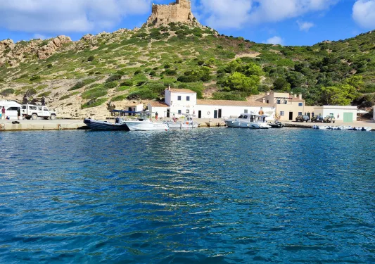 Shot of whit coast town form water, grassy hillside, tan stone building on peak.