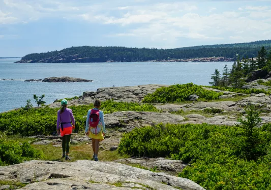 Two guests hiking along a lakeshore, forest landscape and lake itself in background.