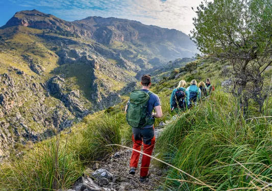 Group of guests walking along hillside trail, towards craggy valley.