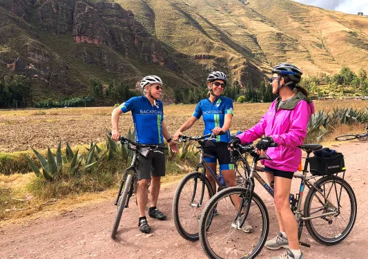 Three guests with bikes amid golden meadow, hill behind them.