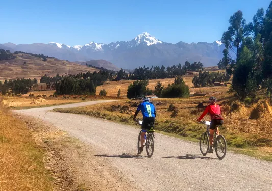 Two guests cycling down gravel road, golden grasses, trees, mountains in distance. 