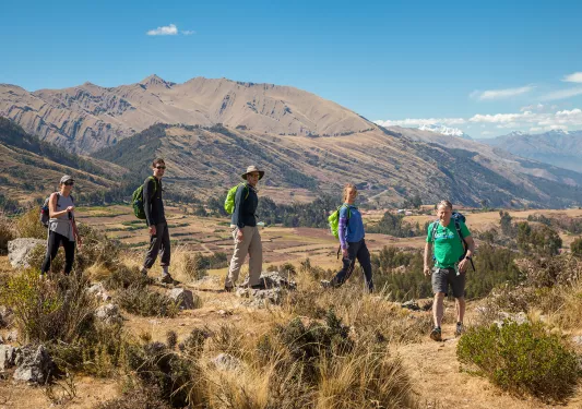Five guests walking in arid grassland, large golden hills behind them.