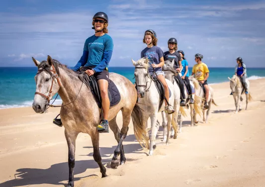 Backroads guests riding horses along the beach in Portugal