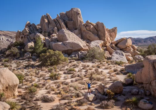 Wide shot of craggy vista, person w/ hands in the air in foreground.
