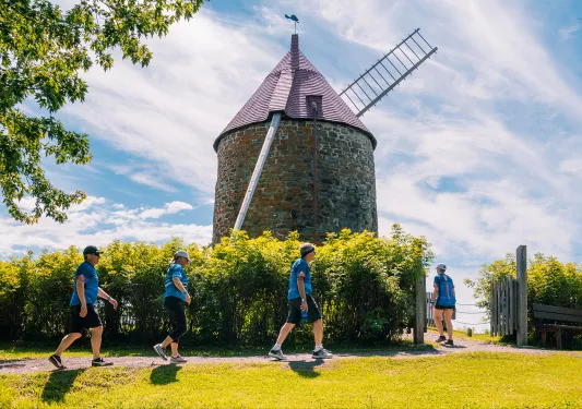 Four guests walking up towards windmill.