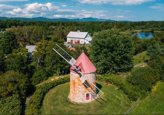 Wide shot of large windmill, white building in background.