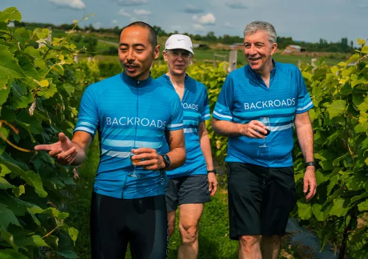 Three guests walking through vineyard, one pointing to grapes.