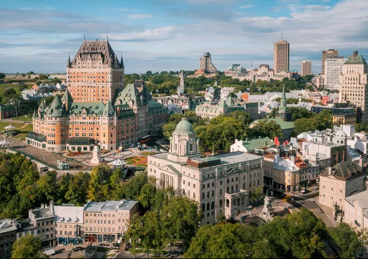 Bird's eye shot of Quebec, Fairmont at center.