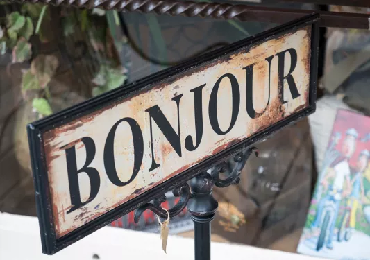 Rustic sign reading "BONJOUR".