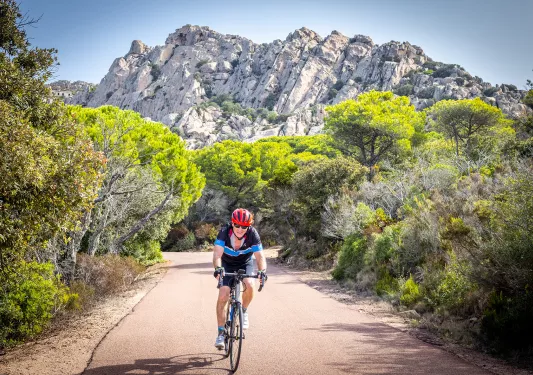 Guest cycling towards camera, trees surrounding them, rocky cliff in background.