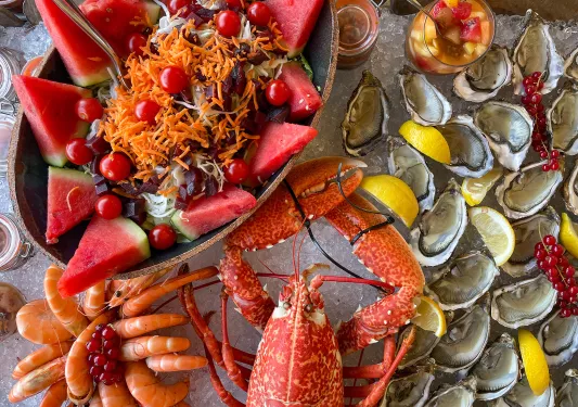 Seafood spread, lobster, oysters, shrimp, etc.