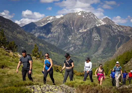 Group of young hikers climbing a grassy hill with large mountains in the background