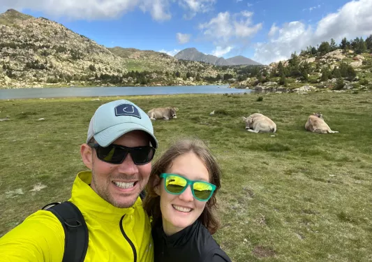 Two Backroads guests smiling at the camera while hiking in Spain and Portugal