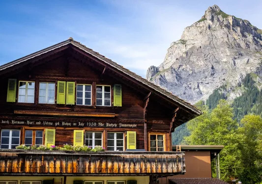 View of hotel and mountain in background.