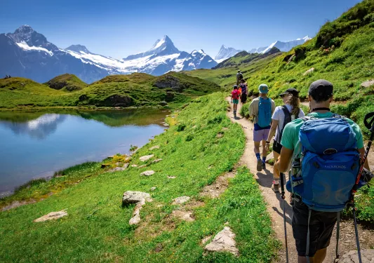 Group of guests walking past Bachalpsee Lake,