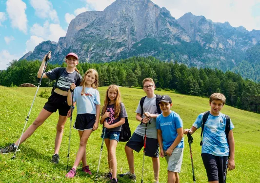 Six young guests in meadow, large mountain range in distance.