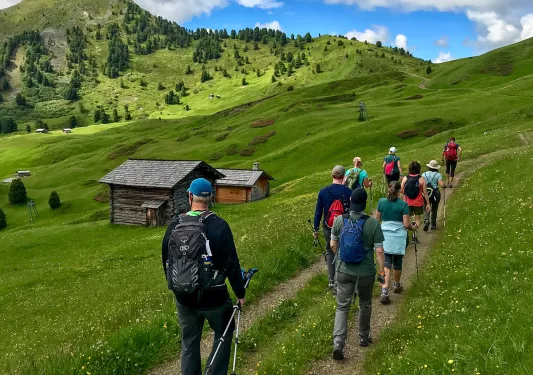 Group of guests hiking in meadow, two small wooden shacks to their left.