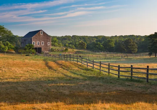 Wide shot of grassy field, large farmhouse in background. 