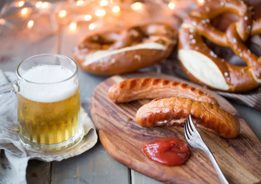 Shot of beer, sausages, pretzels, etc.
