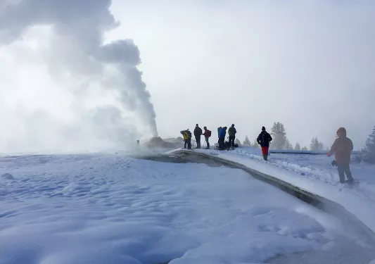 Backroads guests walking towards snowy geyser