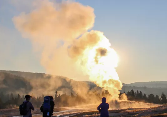 Hot springs and sunrise in the snow 