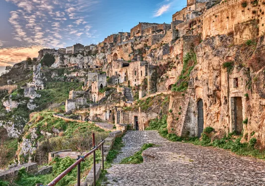 Wide shot of Sassi di Matera and it's mountainside huts.