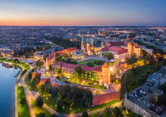 Aerial view of glowing European city at night.