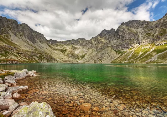 Lake bordered by mountains.