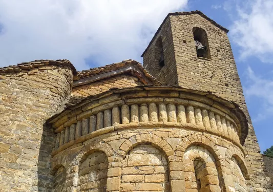 Close up of old stone church building.