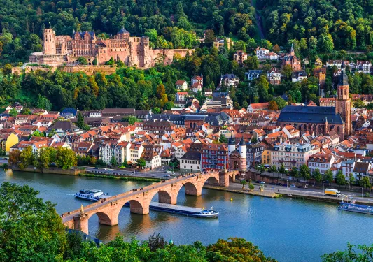 Ship Under Rhine River Bridge 
