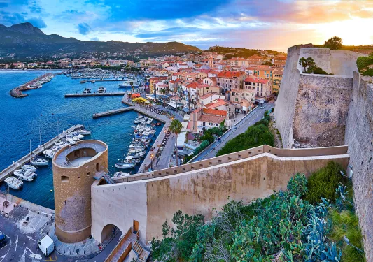 Wide shot of Calvi coastline.