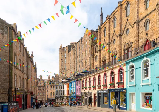 colorful storefronts on a quiet street