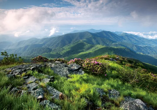 Wide shot of grassy, mountain vista. Large clouds.